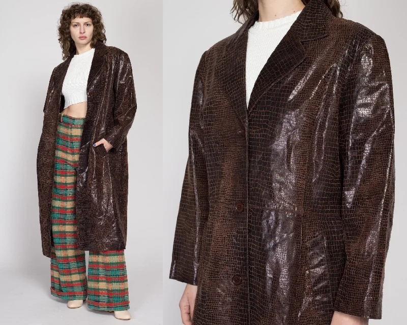 XL 90s Brown Snakeskin Embossed Leather Trench Coat Trendy Hooded Belted Trench
