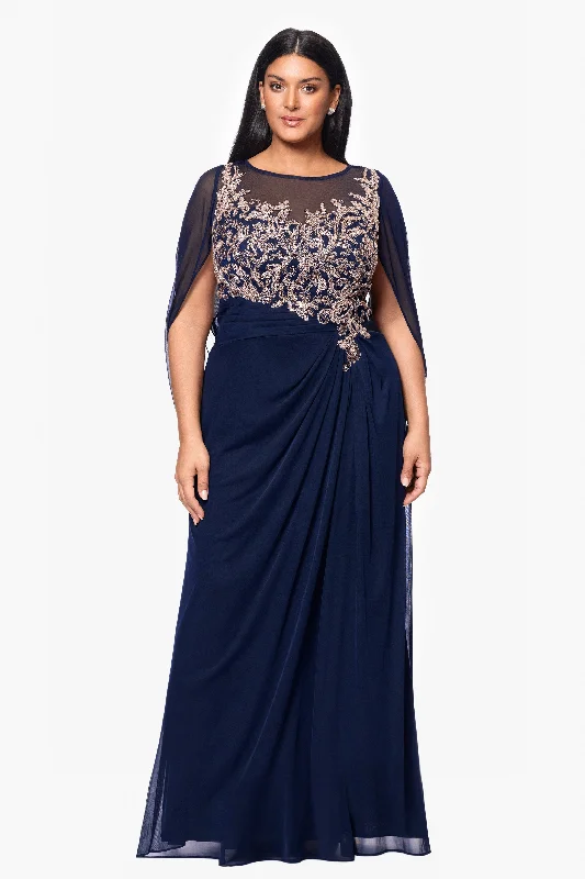 Plus "Willa" Long Sheer Matte Jersey Cape Back Dress With Applique Tunics Review highly