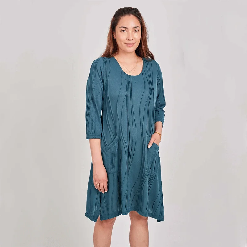 Cotton Stitch Pocket Dress - Teal, Nepal Turtleneck Neckline Stylish