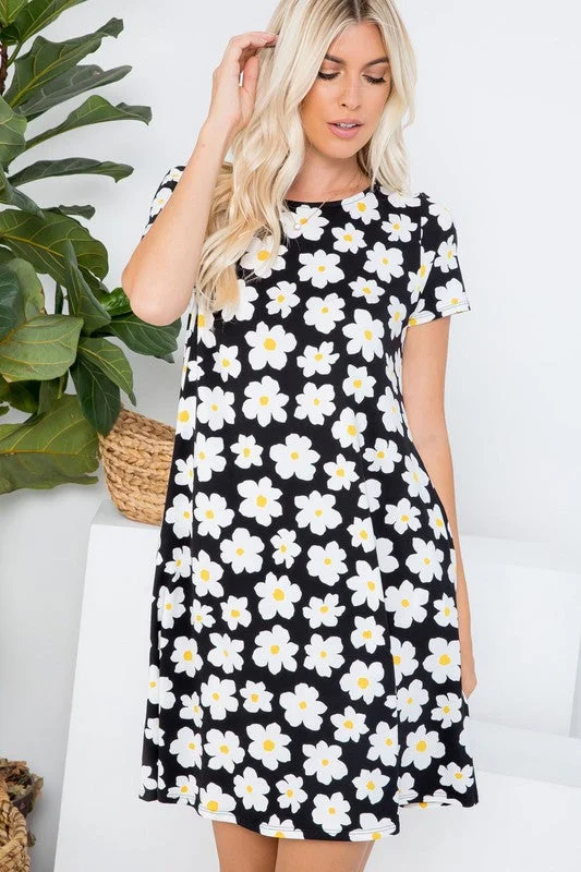 Daisy Print Swing Dress Tunics Fall fleece