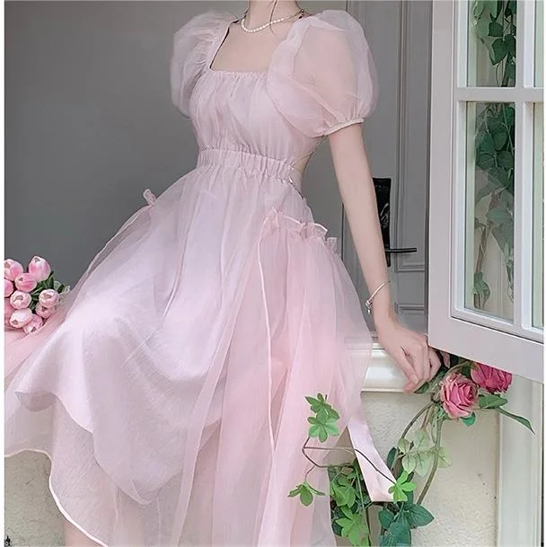 Pink Puff Sleeve Dress yv31478 Tunics Bridal satin