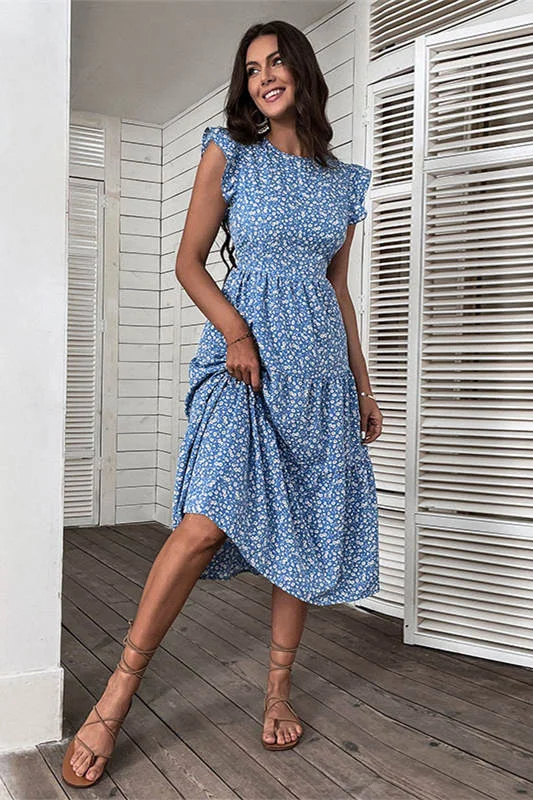 Blue Floral Long Summer Beach Dress Shift Classic Vintage