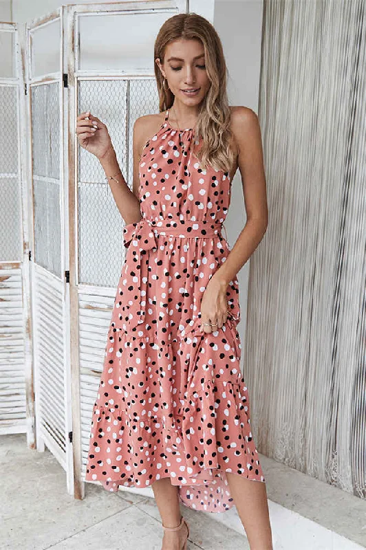 Boho Pink Halter Polka Dot Long Summer Dress Tunics Trendy modern