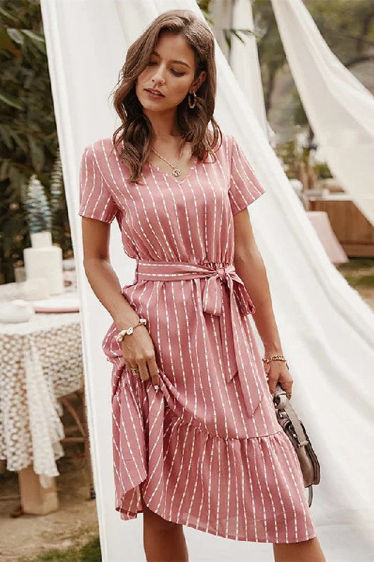 Elegant V-Neck Long Summer Dress with Stripe Tunics Practical easy-care