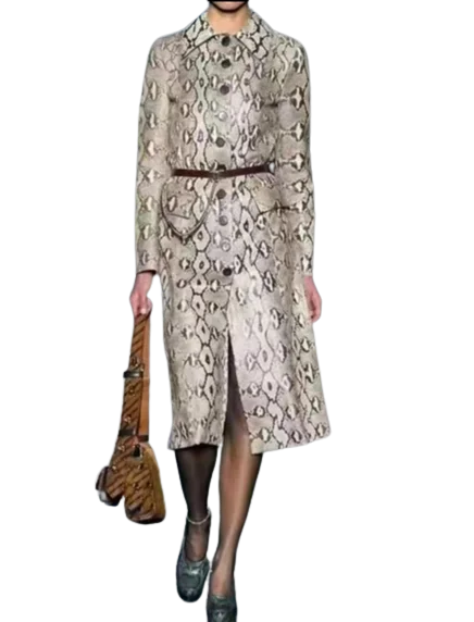 Fashion Runway Trench Python print Coat vintage Single-breasted belt slim snake skin-print shiny-leather long coat for women autumn winter Stylish Hooded Trench Coat