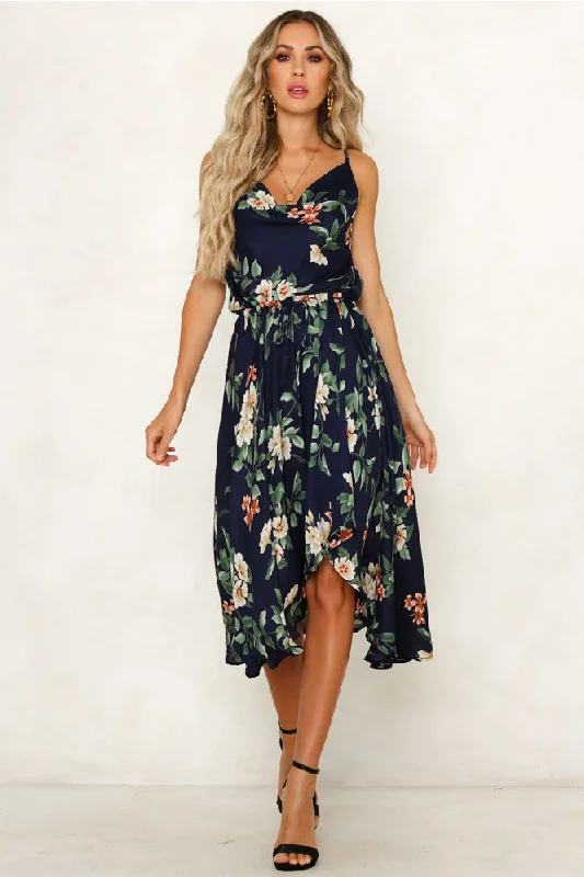 Free Shipping Cowl Neck Asymmetrical Floral Summer Dress Tunics Short Trendy