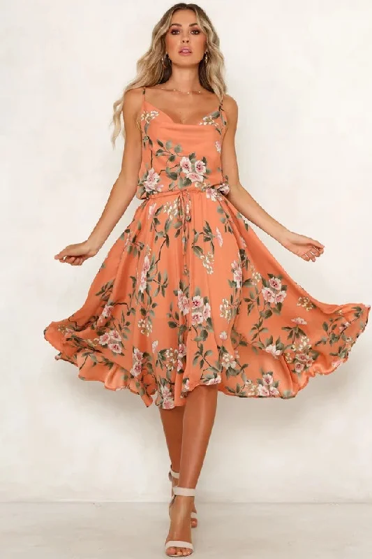 Free Shipping Cowl Neck Orange Floral Summer Dress Tunics Review highly