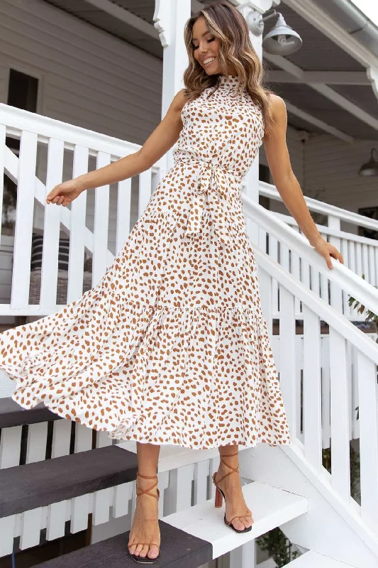 Free Shipping High Neck Long Dotted Summer Dress with Ribbon Tunics Print Colorful
