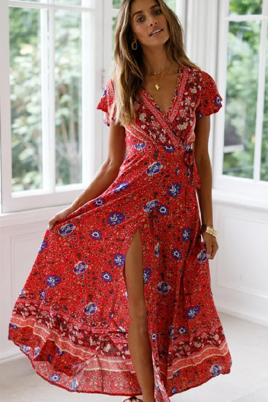 Free Shipping Long Wraped Red Floral Summer Dress Tunics Solid Classic