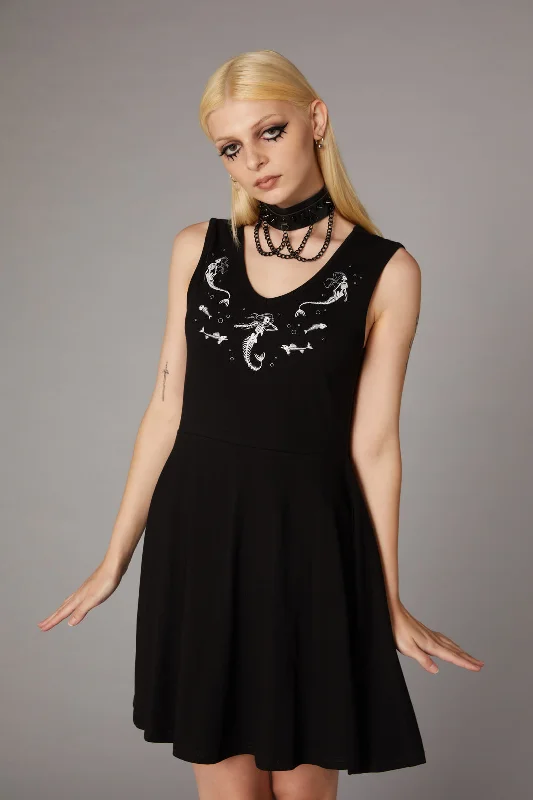 Goth Mermaid Print Dress Tunics Satin smooth