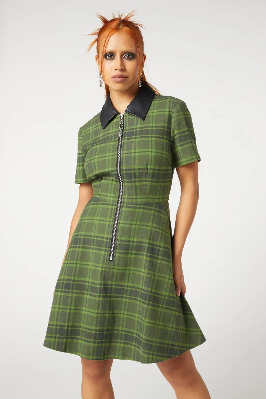 Meadow Tartan Zipper Dress Cowl Neckline Elegant