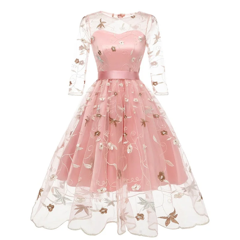 New Summer Floral Print Embroidery Tulle Female Dress Sweet Elegant High Waist Lace Up A-line Mesh Women Dresses 2XL Turtleneck Warm Winter