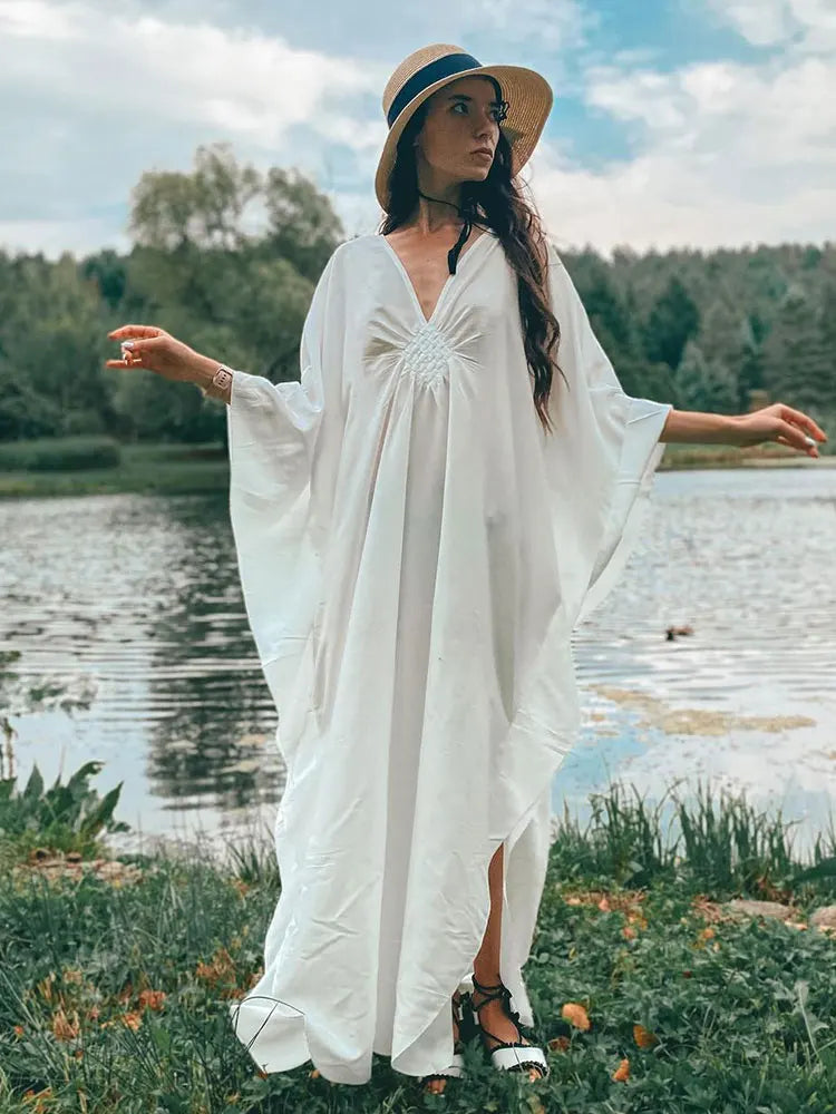 Solid V-neck Batwing Sleeve Plus Size Kaftan Loose Maxi Dopamine Dresses Women Summer Beachwear Bathing Robe Soft House Dress Tunics Plaid country