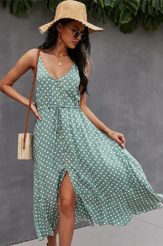Summer Straps Green Dress with Polka Dots Tunics Sophisticated sleek