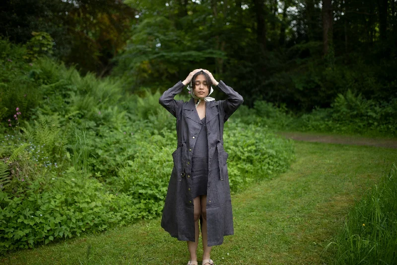 The Terra Tribe Charcoal Summer Trench Coat Sleek Black Double-Breasted Trench