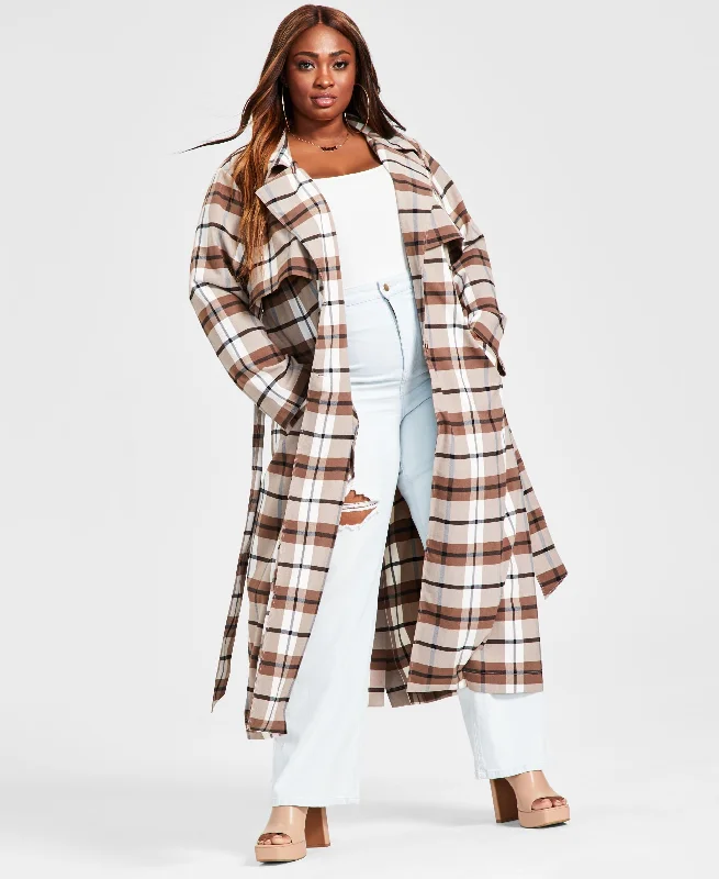 Trendy Plus Size Plaid Trench Coat Elegant Trench Coat with Belt