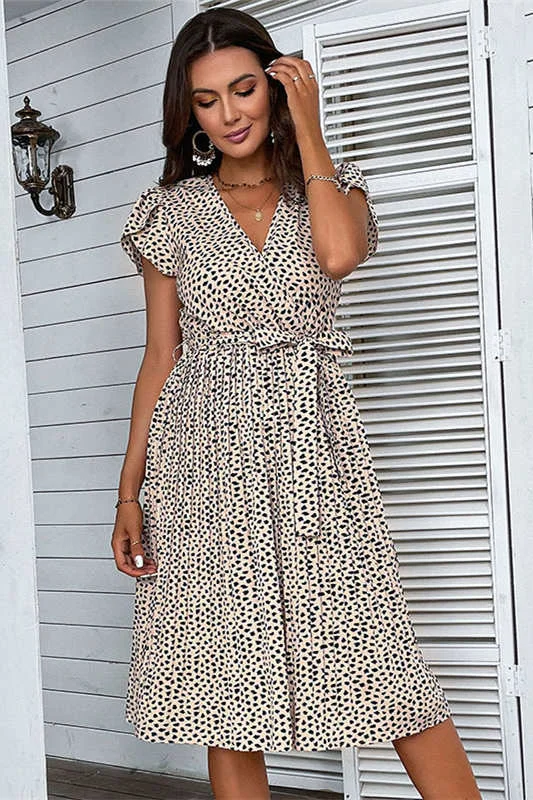 V-Neck Leopard Print Summer Beach Dress Boat Neckline Classic
