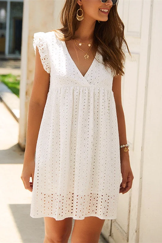 V-Neck White Lace Short Summer Dress Tunics Custom made