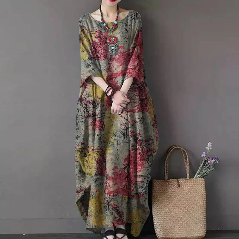 Vintage Women Sundress Casual Long Sleeve Printed Maxi Long Dress Kaftan Female Baggy Floral Vestidos  Dresses Tunic Top Casual