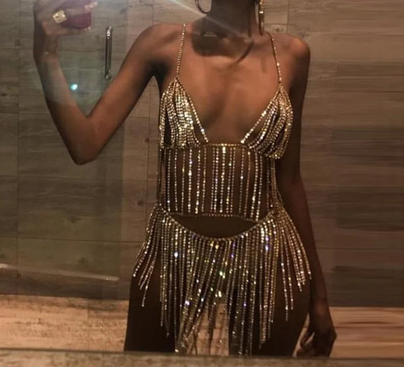 Sparkling Metal Chain Tassel Dress Tunics Party sparkling