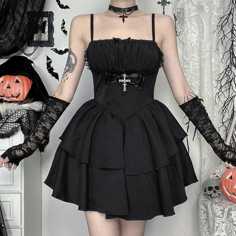 Women's Gothic Pleated Cross Slip Dress Tunics Office stylish