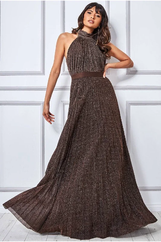 Goddiva Exclusive Lurex Halterneck Pleated Maxi - Bronze Tunics Essential wardrobe
