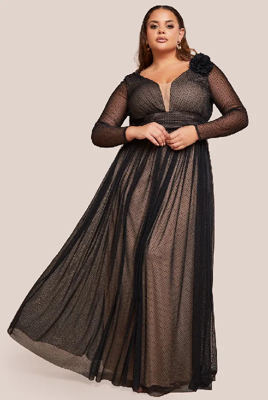 Goddiva Plus Corsage Dobby Mesh A-Line Maxi Dress - Black Tunics Bestseller popular