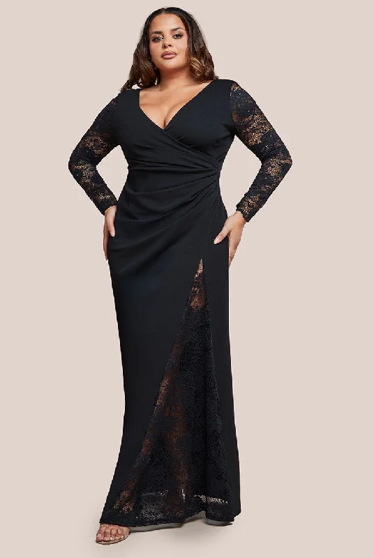 Goddiva Plus Scuba & Lace Wrap Maxi Dress - Black Tunics New arrival