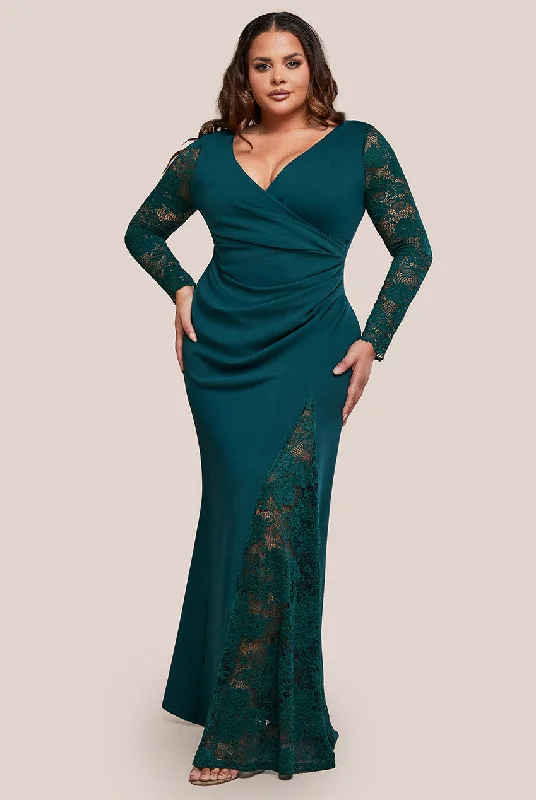 Goddiva Plus Scuba & Lace Wrap Maxi Dress - Emerald Tunics Sale discount