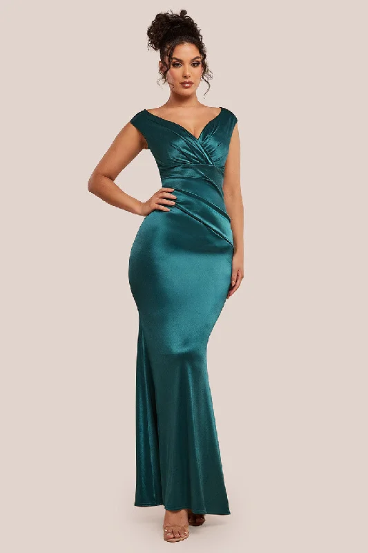Goddiva Satin Off The Shoulder Maxi Dress - Emerald Green Tunics Exclusive limited