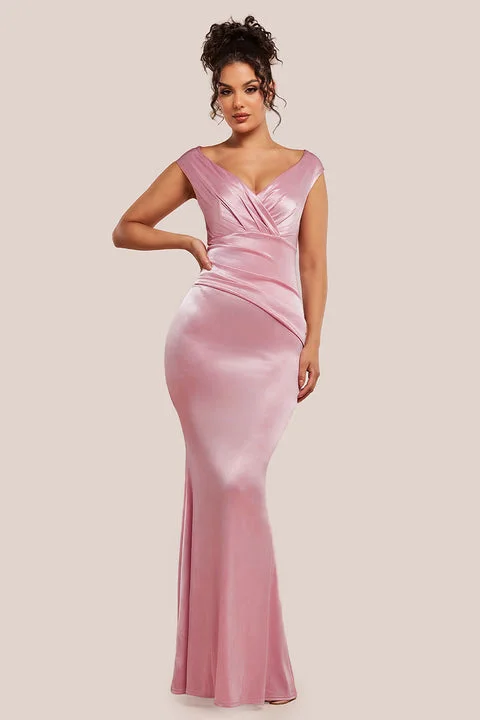 Goddiva Satin Off The Shoulder Maxi Dress - Pink Tunics Custom made
