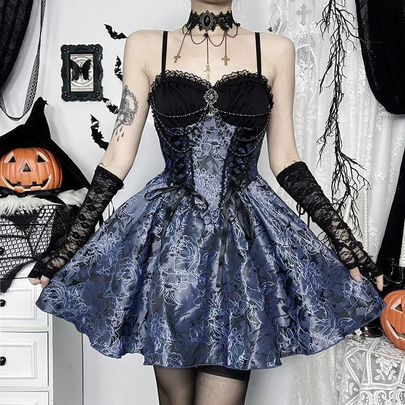 Women's Gothic Floral Lace Slip Dress Black Blue Tunics Ceremony elegant