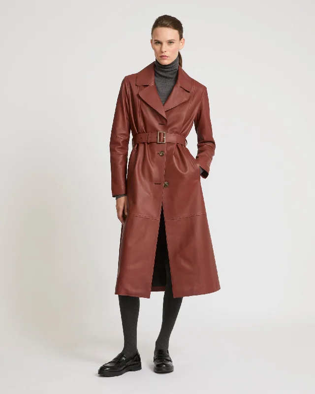 Trench long silhouetté en cuir d'agneau Stylish Trench Coat with Pockets