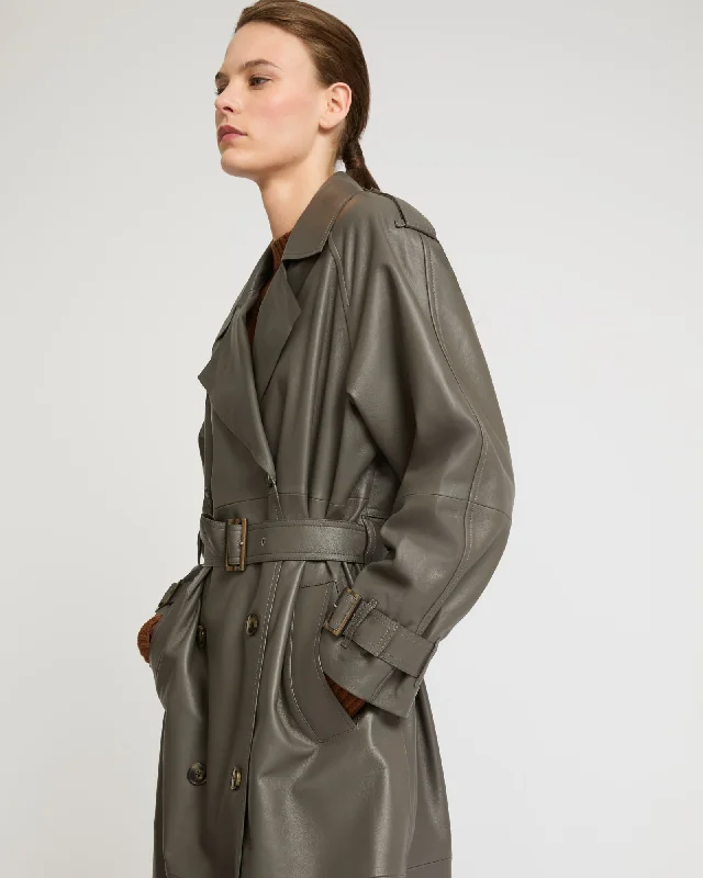 Trench long ceinturé en cuir d'agneau Warm Long Sleeve Trench