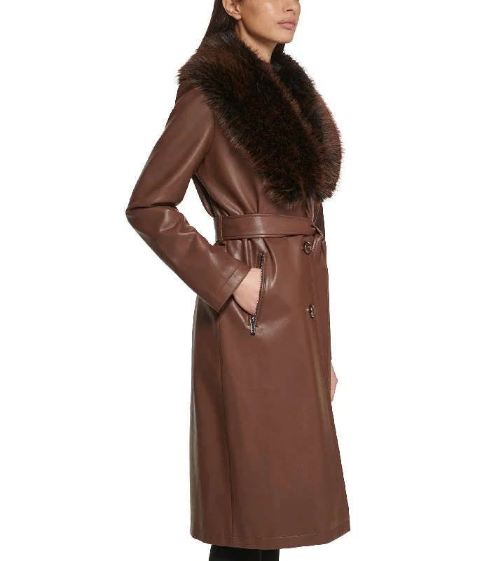 Belted Faux Leather Trench With faux fur shawl Collar Chic Sleeveless Wool Trench