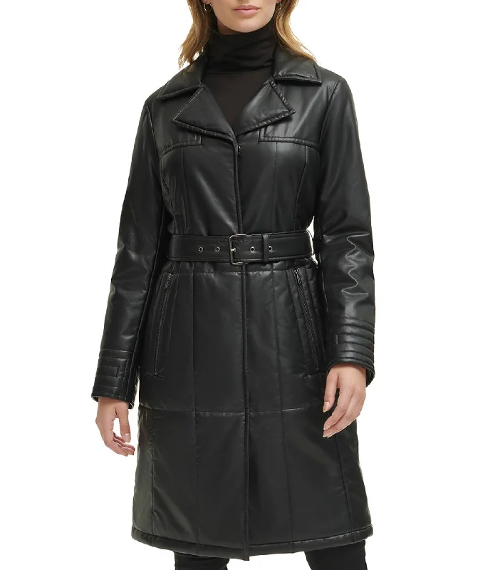 Quilted Faux Leather Belted Trench Casual Belted Wool Trench