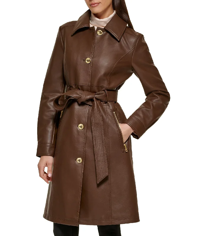 Faux Leather Belted Trench Warm Plaid Trench Jacket