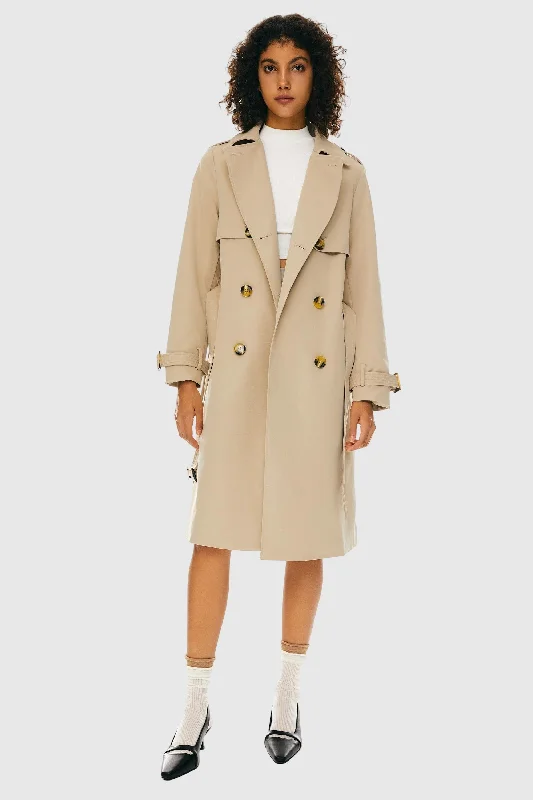 3/4 Belted Double-Breasted Trench Elegant Trench Coat with Pockets