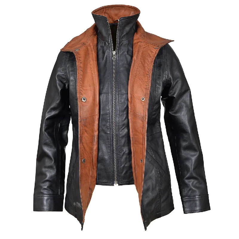 Adeline Black Leather Car Coat Denim Leather Suede