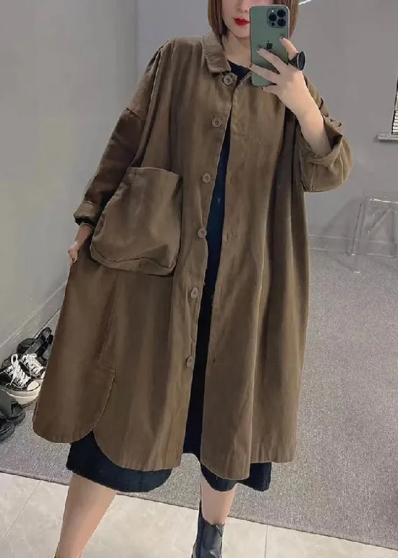 Art Coffee Colour Peter Pan Collar Pockets Patchwork Button Cotton Trench Coats Long Sleeve Stole Shawl Scarf