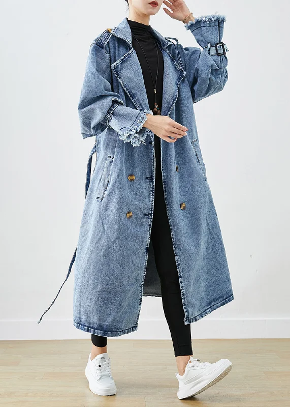 Art Light Blue Lapel Double Breast Denim Trench Coats Fall Pleated Ruffled tiered