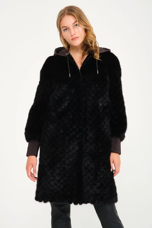Black Doubleface Mink Fur Coat Plaid Tartan Floral