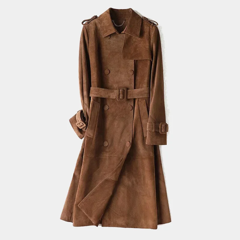 Brown Suede Goatskin Long Biker Trench Coat for Women Bolero Crop Top Camisole