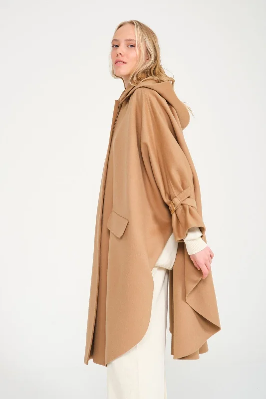 Camel Long Coat Cuffed Rolled Raglan