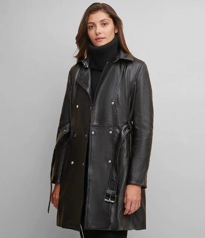 Classic Leather Belted Trench Coat Sequined Lace Ribbed