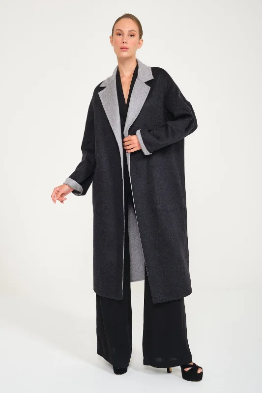 Dark Grey / Grey Double Face Cashmere Coat Satin Silk Chiffon