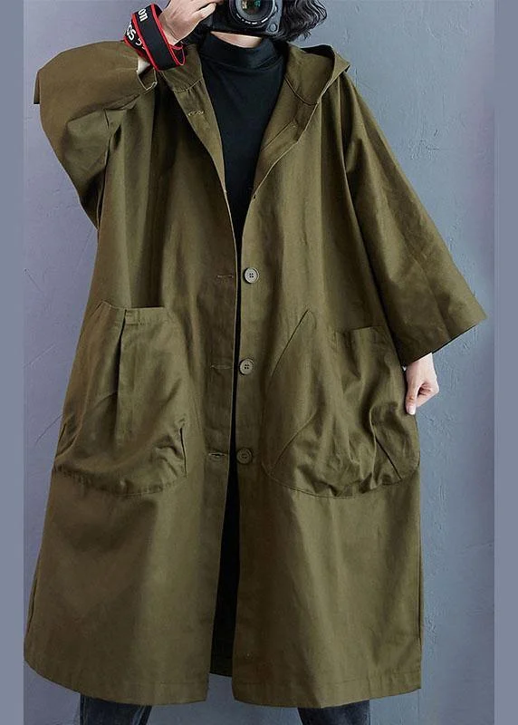 Elegant Army Green Pockets Button Fall Hooded Long sleeve Trench Coats Hook-and-Loop Buckled Tied Elegant Army Green Pockets Button Fall Hooded Long sleeve Trench Coats Hook-and-Loop Buckled Tied