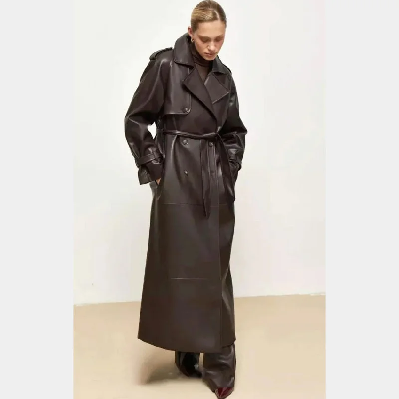 Exclusive Design Long Chocolate Leather Trench Coat Houndstooth Coat Plaid Coat Tartan Coat Exclusive Design Long Chocolate Leather Trench Coat Houndstooth Coat Plaid Coat Tartan Coat