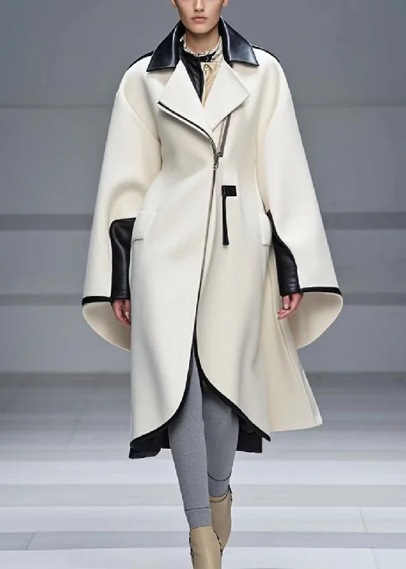 Fashion White Zip Up Patchwork Woolen Trench Coat Fall Boat Neck Jacket Square Neck Jacket One-Shoulder Jacket Fashion White Zip Up Patchwork Woolen Trench Coat Fall Boat Neck Jacket Square Neck Jacket One-Shoulder Jacket
