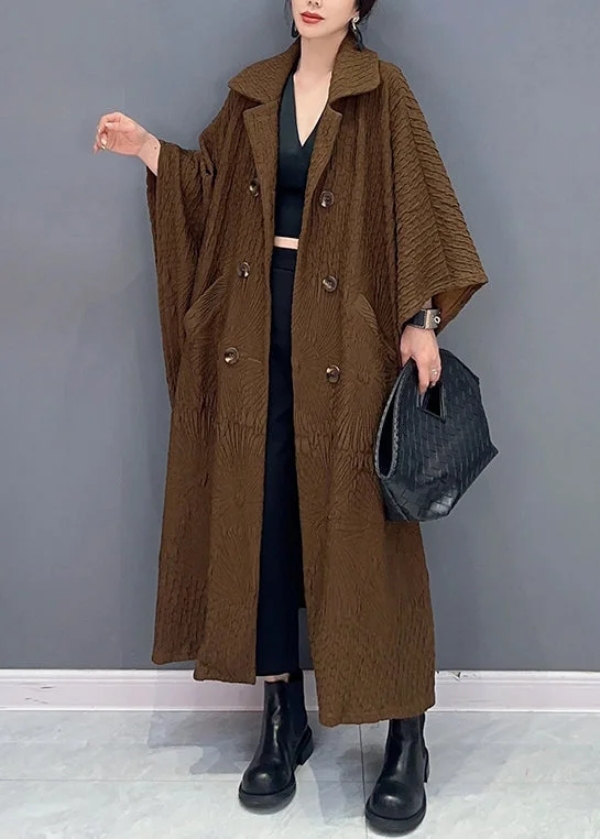 French Brown Double Breast Pockets Cotton Long Trench Coat Batwing Sleeve Trench Wool Cashmere French Brown Double Breast Pockets Cotton Long Trench Coat Batwing Sleeve Trench Wool Cashmere